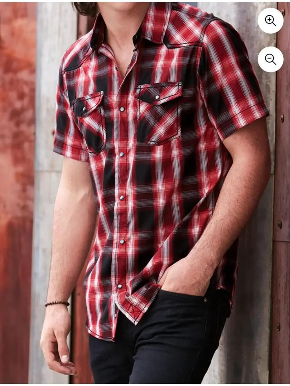 Burnside Red Black Plaid Short Sleeve Button Up Shirt Men’s Large